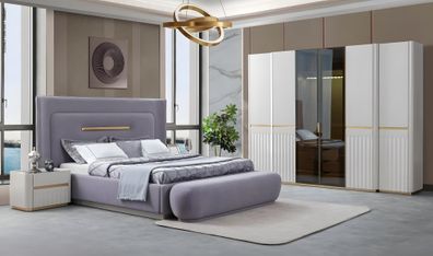 Designer Schlafzimmer-Set Lila Polsterbett Weißer Kleiderschrank