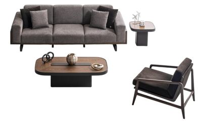 Graue Sofagarnitur Stilvoller Brauner Couchtisch Designer Sessel