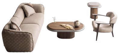 Moderne Beige Wohnzimmer Sofagarnitur Sessel Beistelltische 4tlg