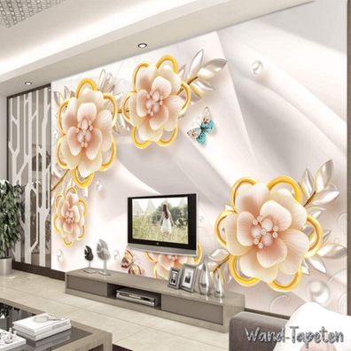 Luxuriöse 3D Schmuckblumen Tapete - TV & Wohnzimmer Wanddeko 7221