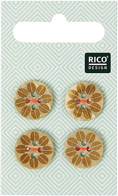 4 Stück 2-Loch Holzknöpfe mit Blüte - 1,6cm Durchmesser