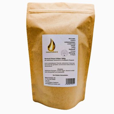 Bentonit Pulver 0-63µm 1000g Tonmineral im Kraftpapier Doypack