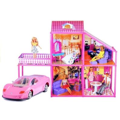 Folded Large Villa for Dolls 76 cm + Pink Car + Accessories