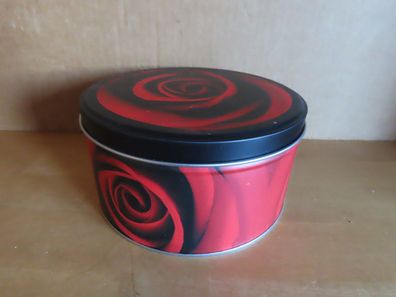 Blechdose Keksdose rund rot schwarz Rosen Muster ca. 7,5 cm H