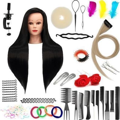 Übungskopf Ilsa Black 60 cm, Naturhaar + Griff, Frisierkämmkopf, Übungskopf Nachbau