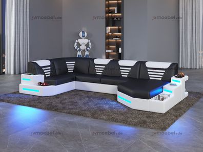 Eck Sofa Couch Polster Ecke Leder Couchen Wohnlandschaft U Form + LED
