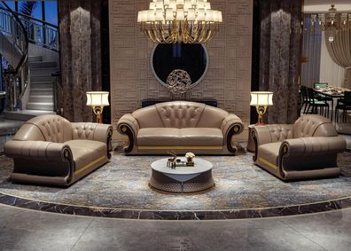 Chesterfield Sofa Set 3 + 2+1 Seater Leather-fibre Real Wood Living Room Luxury