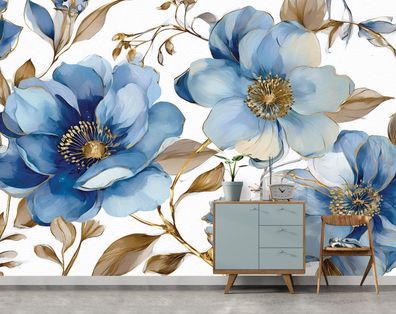 Vlies Fototapete Blumen Gold Blau TAPETE XXL Wohnzimmer Schlafzimmer
