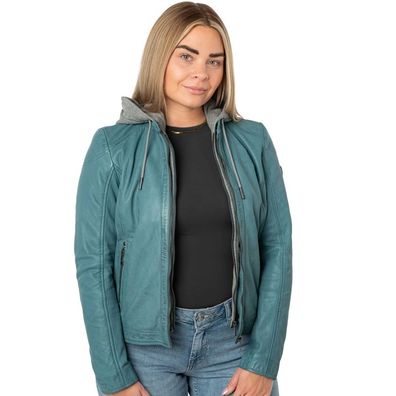 Mauritius - Damen Lederjacke Lammnappa Kapuze helles türkis