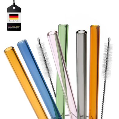 bremermann Glas-Trinkhalm, Strohhalm, 6er Set + 2 Bürsten, bunt, gerade Form