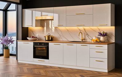 Küchenzeile Linda 300 cm hohe Schränke Weiß Hochglanz- Küche 3m, Einbauküche