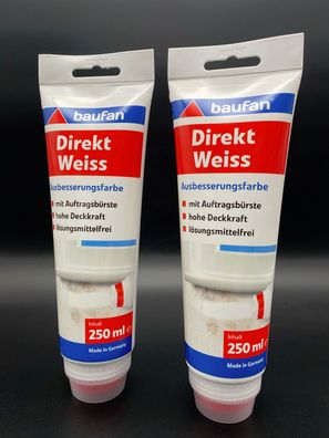 2x baufan Direkt Weiss Ausbesserungsfarbe 250ml Tube Wandfarbe Dispersions Farbe