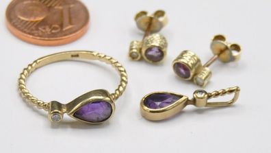 Schmuck Set Ohrringe Anhänger Ring Amethyst Tropfen Diamant 333 Gold