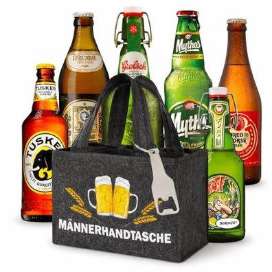 Männerhandtasche Bier Geschenkset - 6 Internationale Biere + Flaschenöffner