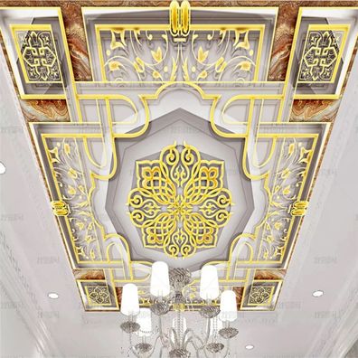 Goldene Ornament Fototapete 3D Stuck Decke Wandbild Luxus Wohnzimmer Vlies 7248