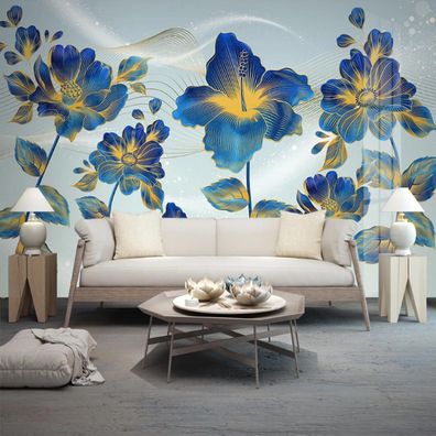 Goldlinien & Blaue Blumen Wandtapete Modern Minimalistisch Luxus Vlies 10302