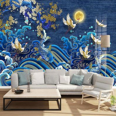 Kraniche & Koi Fisch Wandtapete Goldlinien Modern Minimal Luxus Vlies 10304