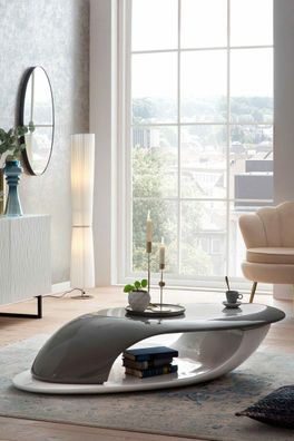 Couchtisch 130 x 58 cm Hochglanz Grau und Weiß mit Ablagefach Fiberglas