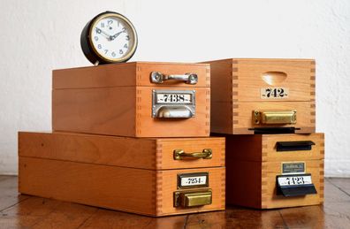 Set 4x Kiste mit Deckel Holz Antik Karteikasten Vintage Kasten Alt Mid Century