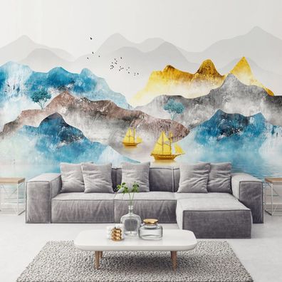 Premium 3D Wandtapete Kunst Gold Berg & Fluss Wohnzimmer Tapete 10319