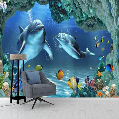 Premium 3D Wandtapete Meer Delfin Familie Wohnzimmer & Kinderzimmer 10331