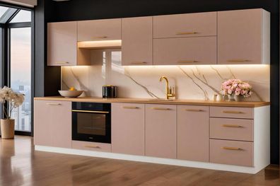 Küchenzeile Linda 300 cm Puderrosa Matt- Küche 3m, Einbauküche
