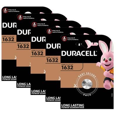 5x Duracell DL1632 CR 1632 3V Lithium Batterie Knopfzelle im Blister