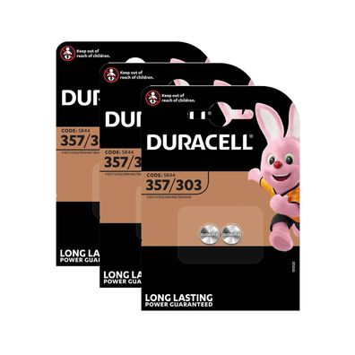 3x Duracell 357/303 Knopfzelle Batterie V357 V303 SR44 1,5V 2er Blister
