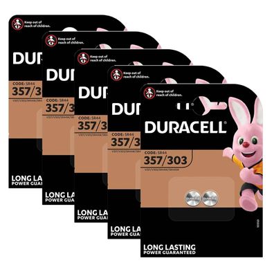 5x Duracell 357/303 Knopfzelle Batterie V357 V303 SR44 1,5V 2er Blister