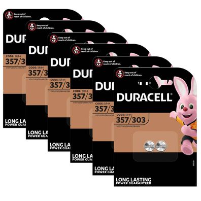6x Duracell 357/303 Knopfzelle Batterie V357 V303 SR44 1,5V 2er Blister