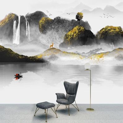 Fototapete Asiatische Gold Landschaft Wanddeko Wohnzimmer Schlafzimmer 10365