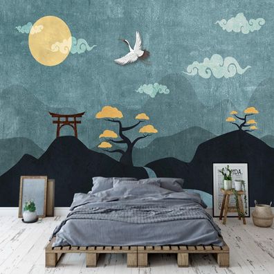 Fototapete Asiatische Natur Kraniche & Wolken Wanddeko Schlafzimmer Wohnzimmer 10372