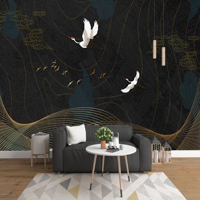 Fototapete Goldene Kraniche Wanddeko Wohnzimmer Schlafzimmer Asiatisch 10375