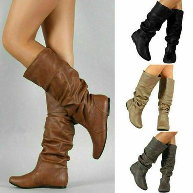 Damen Knie hoch Flache Stiefel Stiefeletten Schlupfstiefel Leder Optik Schuhe