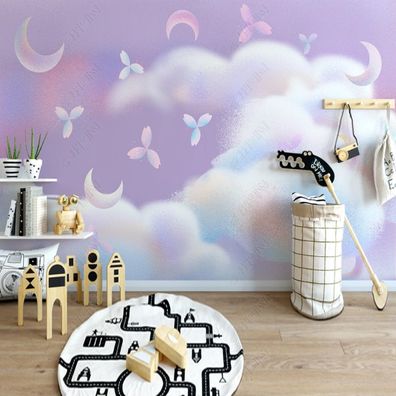 Fototapete Kinderzimmer Rosa & Lila Wolken, Mond & Blumen - Hintergrund Modern 10377