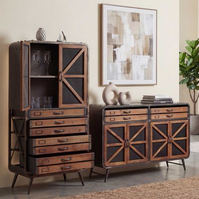 Wohnzimmer-Set HWC-F91, Sideboard Hochschrank, Industrial Metall, braun-schwarz