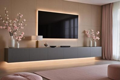 Lowboard PARIS 300 cm Dunkelgrau Matt - Soft Close TV-Schrank - LED optional