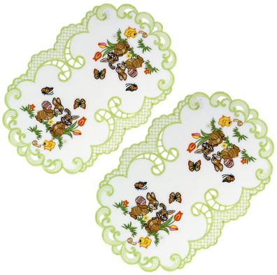 Ostern Osterdeckchen 2er Set Weiß Lindgrün Bestickt Oval Osterdekoration Stoff