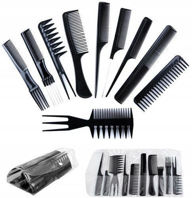 Set von 10 Friseurkämmen + schwarze Hülle