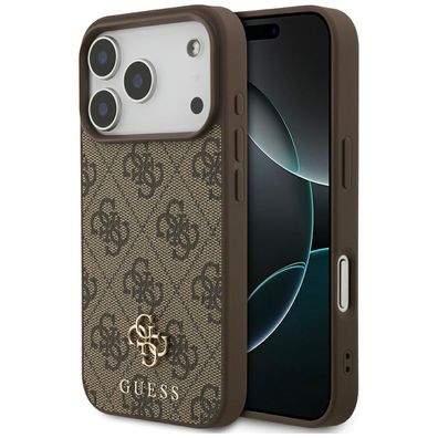 Handyhülle Case iPhone 17 Pro Guess MagSafe Kunstleder braun Logo goldfarben
