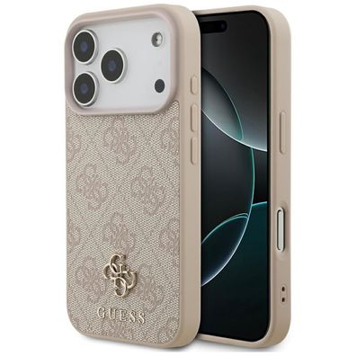 Handyhülle Case iPhone 17 Pro Guess MagSafe Kunstleder rosa Logo goldfarben