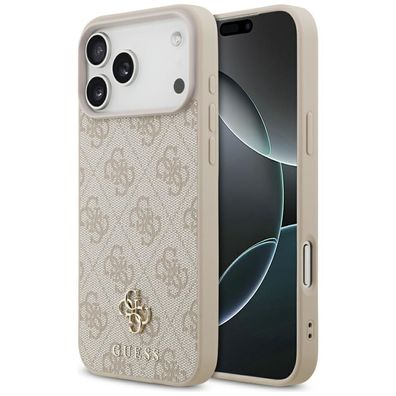 Handyhülle Case iPhone 17 Pro Max Guess MagSafe Kunstleder rosa Logo goldfarben