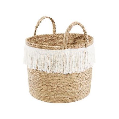Flechtkorb mit Griffen und Fransen Boho 36 x 32 cm weiß Ambition