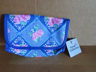kleine Tasche Kosmetiktasche Schminktasche blau mit Blumen innen Spiegel