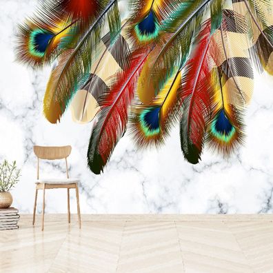 Fototapete Nordisch Modern - Federn & Weißer Marmor TV Hintergrund 10417