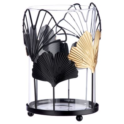 Gilde Windlicht, "Ginkgo", Ginkgomotiv, Metall, schwarz, VE 2, H. 19 cm, D. 12 cm