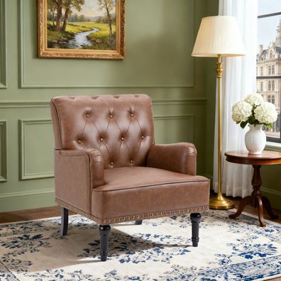 Ohrensessel aus PU-Leder, klassischer Polstersessel mit Holzbeinen, bis 150 kg