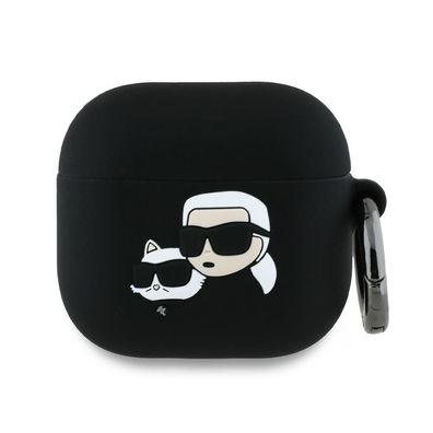 Hülle Case AirPods 4 Karl Lagerfeld Silikon schwarz Logo Katze Kopf 3D