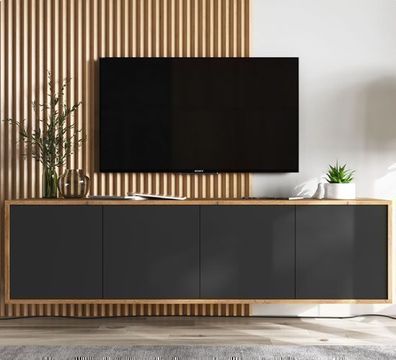 RTV-Wandschrank Fernsehschrank Modern TV-Schrank RTV 150cm Wotan Eiche - Schwarz Matt