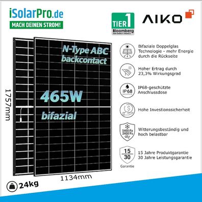 465W AIKO Neostar 2P+ A-MAH54Dw bifaziales Glas/Glas Solarmodul